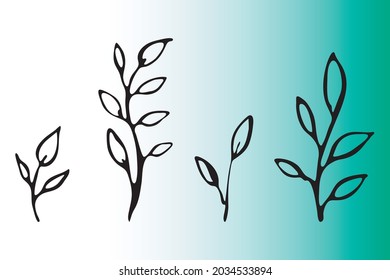 Ink brush stroke line, hand drawn leaf branches set. Outline isolated elements. Vector. Green gradient editable background