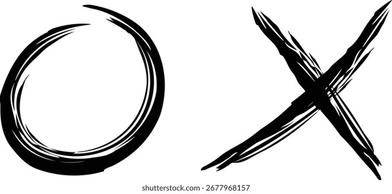 trazo de pincel de tinta O X, símbolo de Vector correcto e incorrecto, caligrafía