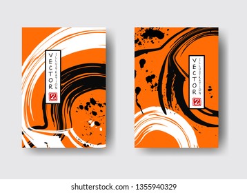 Ink brush stroke on orange background. Japanese style. Vector illustration of grunge strip stains. Vector wave brushes illustration.