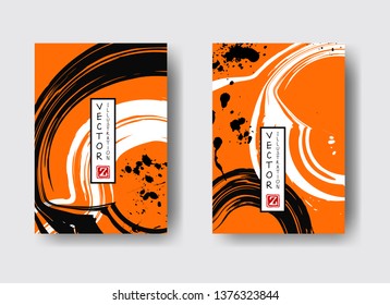 Ink brush stroke on orange background. Japanese style. Vector illustration of grunge strip stains. Vector wave brushes illustration.