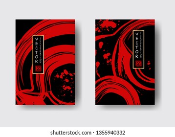 Ink brush stroke on white background. Japanese style. Vector illustration of grunge strip stains. Vector wave brushes illustration.
