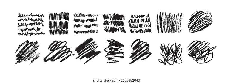 Ink brush stroke scribble, handwriting vector doodle squiggle set, messy black crayon line swirl. Hand drawn grunge decorative signature, pencil sketch texture effect. Brush stroke wavy outline mark