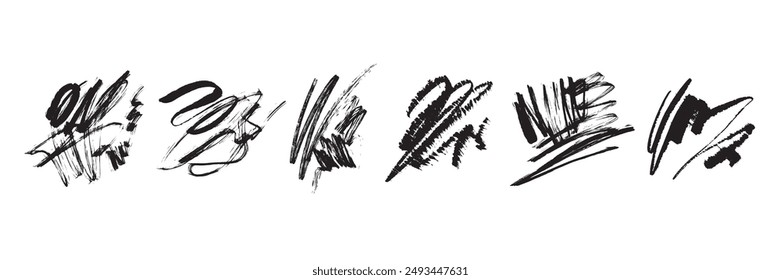 Ink brush stroke scribble, vector doodle handwriting squiggle set, black messy crayon line swirl. Hand drawn grunge decorative signature, pencil sketch texture effect. Brush stroke wavy outline mark