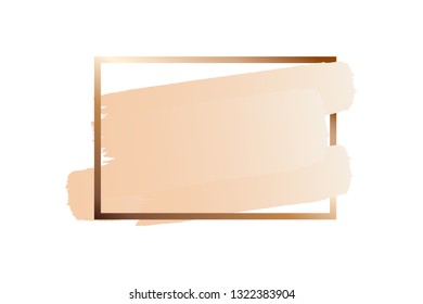 Ink brush stroke shape for decor of banner, frames inscription, logo in grunge design. Pastel rose colors brush strokes and golden contour square frame for text. Vector illustration.