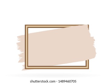 Ink brush stroke shape for decor of banner, frames inscription, logo in grunge design. Pastel rose colors brush strokes and golden contour square frame for text. Vector illustration.