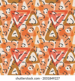 Ink brush stroke triangles seamless pattern. Hand drawn geometric shapes, aninal skin design, red orange transparent color palette. White color background. Vector