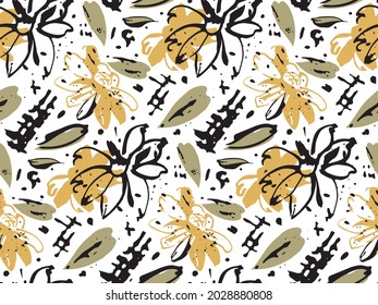 Ink Brush Stroke Vector Seamless Pattern. Hand drawn orient grunge style design. Sun flower illustration in yellow, green, balck color palette. Transparent background