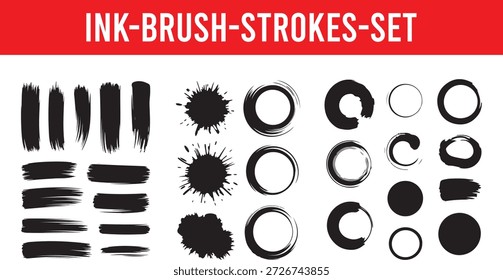 Pinceladas de tinta y círculos con texturas de pintura grunge, salpicaduras, anillos y Elementos de pincel dibujados a mano. Perfecto para el diseño de logotipos, marca, carteles, tipografía, fondos abstractos, Diseño gráfico moderno y proyectos artísticos.
