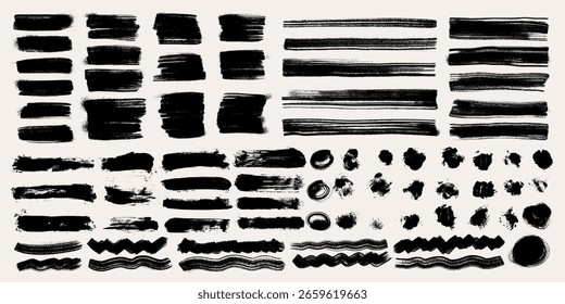 Ink brush strokes, grunge paint lines, boxes, frames, and torn paper shapes. Watercolor splashes, black silhouettes, dirty textures. Vector design elements and banner clip art collection.