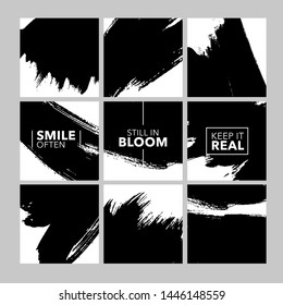 Ink brush strokes hand drawn illustrations set. Freehand black paint smears with inspirational phrases pack. Grunge paintbrush drawings with positive sayings. Greeting card, postcard templates