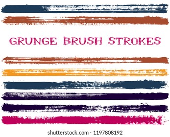 ink brush strokes isolated design elements. Set of paint lines. Messy stripes, textured paintbrush stroke shapes. Collection of ink brushes, stripes isolated on white, vector paint samples.