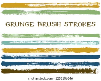 ink brush strokes isolated design elements. Set of paint lines. Dirty stripes, textured paintbrush stroke shapes. Collection of ink brushes, stripes isolated on white, vector paint samples.