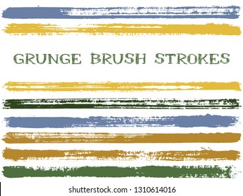 ink brush strokes isolated design elements. Set of paint lines. Dirty stripes, textured paintbrush stroke shapes. Collection of ink brushes, stripes isolated on white, vector paint samples.