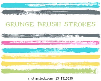 ink brush strokes isolated design elements. Set of paint lines. Urban stripes, textured paintbrush stroke shapes. Collection of ink brushes, stripes isolated on white, vector paint samples.