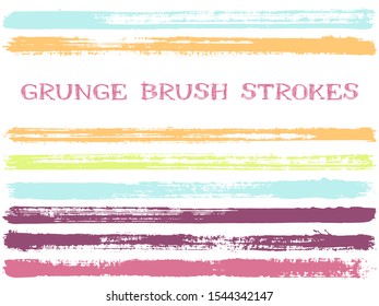 ink brush strokes isolated design elements. Set of paint lines. Distressed stripes, textured paintbrush stroke shapes. Collection of ink brushes, stripes isolated on white, vector paint samples.