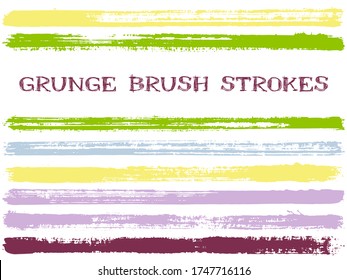 ink brush strokes isolated design elements. Set of paint lines. Distressed stripes, textured paintbrush stroke shapes. Collection of ink brushes, stripes isolated on white, vector paint samples.