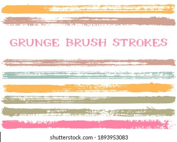 ink brush strokes isolated design elements. Set of paint lines. Dry stripes, textured paintbrush stroke shapes. Collection of ink brushes, stripes isolated on white, vector paint samples.