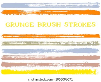 ink brush strokes isolated design elements. Set of paint lines. Distressed stripes, textured paintbrush stroke shapes. Collection of ink brushes, stripes isolated on white, vector paint samples.