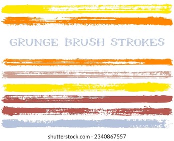 ink brush strokes isolated design elements. Set of paint lines. Distressed stripes, textured paintbrush stroke shapes. Collection of ink brushes, stripes isolated on white, vector paint samples.