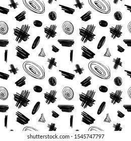 Ink brush strokes, lines and circles. Grunge doodle brushes on white background. Abstract seamless vector pattern.