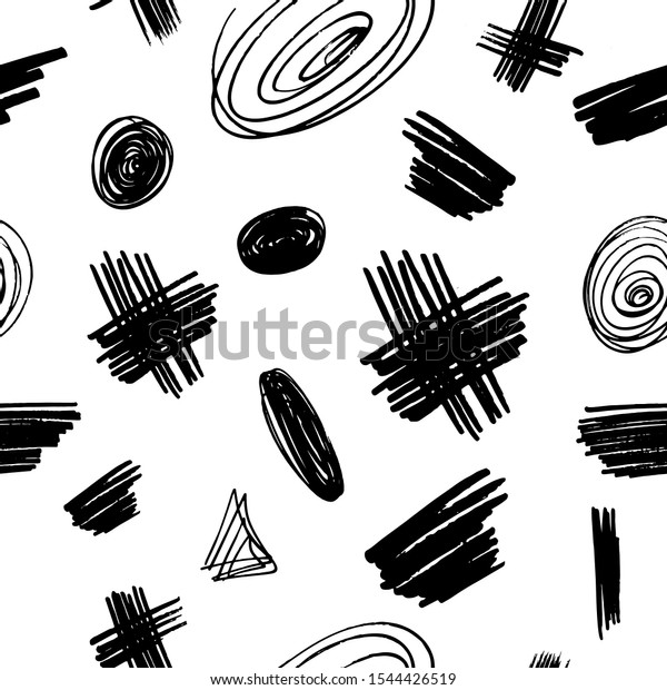 Ink brush\
strokes, lines and circles. Grunge doodle brushes on white\
backdraund. Abstract seamless vector\
pattern.
