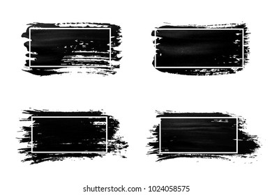 Ink brush strokes set. Acrylic paint with grunge texture strokes. Dirty black ink spots and white frames. Vector