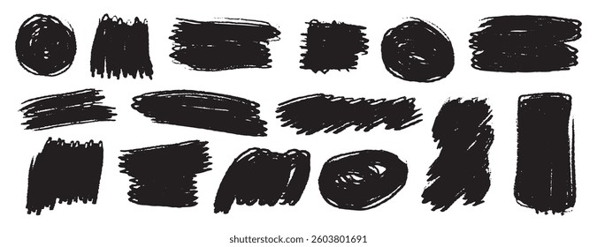 ink brush strokes set. grunge brushes dirty textures for banners, box, frame design elements. different shapes isolated . Vector illustration