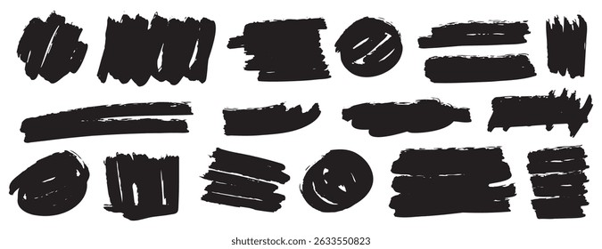 conjunto de traçados de pincel de tinta. grunge pincéis texturas sujas para banners, caixa, elementos de design de quadro. formas diferentes isoladas . Ilustração vetorial