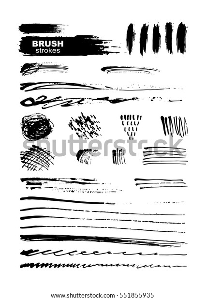 Ink brush strokes set\
isolated on white background. Grunge paint strips. Vector\
illustration.