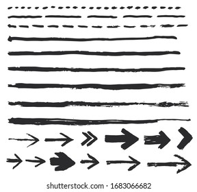 Ink Brush Strokes, Set Of Paint Arrow Spots. . Hand Made Design. Vector