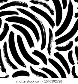 Ink brush strokes vector seamless pattern. Dirty black paint smudges decorative texture. Random charcoal doodles, grunge freehand smears illustration. Artistic wallpaper, stylish textile design