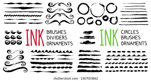 Ink brushes , dividers, circles and ornaments. Hand painted with ink brush in grungy style, isolated on white background. Vector illustration