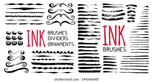 Ink brushes , dividers, circles and ornaments. Hand painted with ink brush in grungy style. Vector illustration