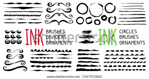 Ink brushes , dividers, circles and\
ornaments. Hand painted with ink brush in grungy style, isolated on\
white background. Vector\
illustration