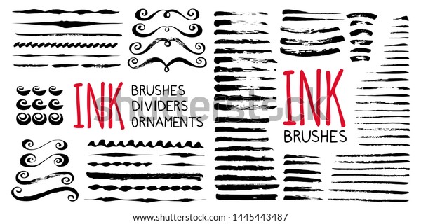 Ink brushes ,\
dividers, circles and ornaments. Hand painted with ink brush in\
grungy style. Vector\
illustration