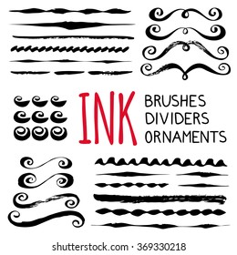 Ink brushes, dividers and ornaments set. Hand painted with brush. Hand drawn decorative whimsical elements. Flourishes, swashes, swirls. Scrapbooking, baby shower, wedding invitations, birthday cards.