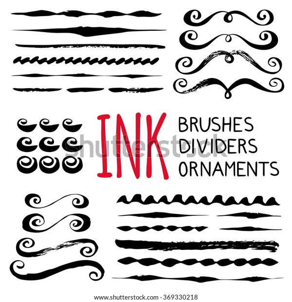 Ink brushes, dividers and ornaments set. Hand\
painted with brush. Hand drawn decorative whimsical elements.\
Flourishes, swashes, swirls. Scrapbooking, baby shower, wedding\
invitations, birthday\
cards.