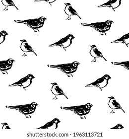 Ink brushstroke bird vector seamless pattern for textile design and wrapping paper