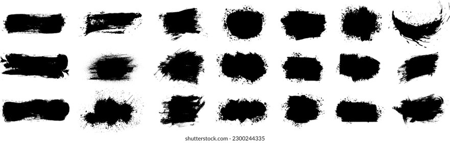 Pincel de tinta y plantilla de pincel con salpicaduras de color. Elementos de diseño artístico sucio, cuadros, marcos para texto