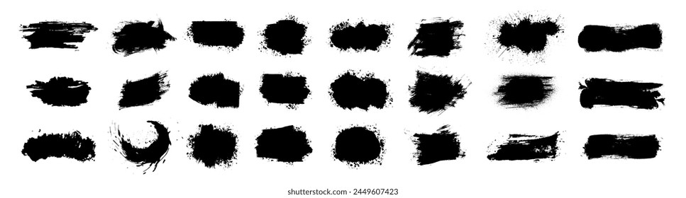 Ink brushstroke silhouettes and paintbrush template with splashes grunge. Black ink grunge brush strokes. Vector paintbrush set. Grunge design elements. Painted ink stripes