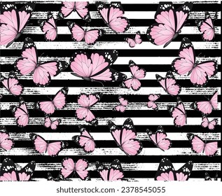 ink butterflies  over distressed striped background