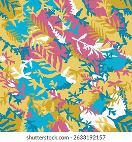 Ink camouflage wallpaper, seamless pattern with leafs and twigs. Tropical nature, plants ferns in bright pastel colors for summer. Floral print, texture and background. Vector grunge textile