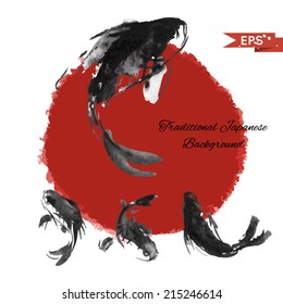 Ink carp illustration in traditional style. Vector image.