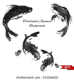 Ink carp illustration in traditional style. Vector image.