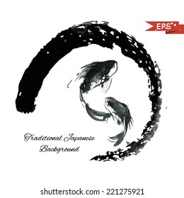 Ink carp illustration in traditional style. Vector image.