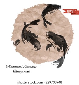 Ink carp illustration in traditional style. Vector image.