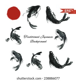 Ink carp illustration in traditional style. Vector image.