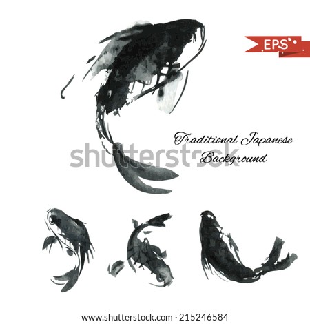 Ink carp illustration in traditional style. Vector image.