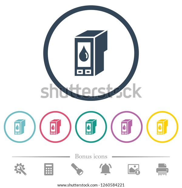 Ink cartridge flat color icons in round\
outlines. 6 bonus icons\
included.