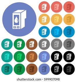 Ink cartridge multi colored flat icons on round backgrounds. Included white, light and dark icon variations for hover and active status effects, and bonus shades on black backgounds.